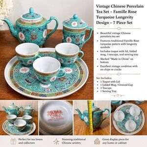 Vintage Chinese Porcelain Tea Set Turquoise Longevity Shou Teapot Tray Cups